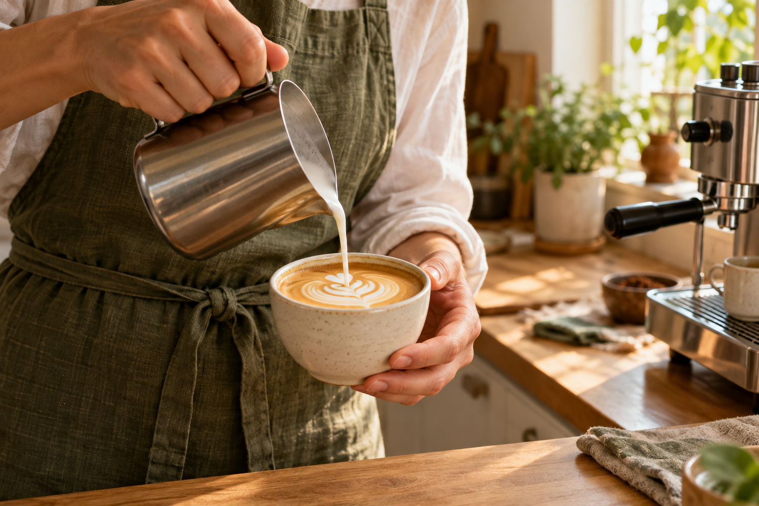 Thuis melk opschuimen en latte art oefenen met een kop koffie