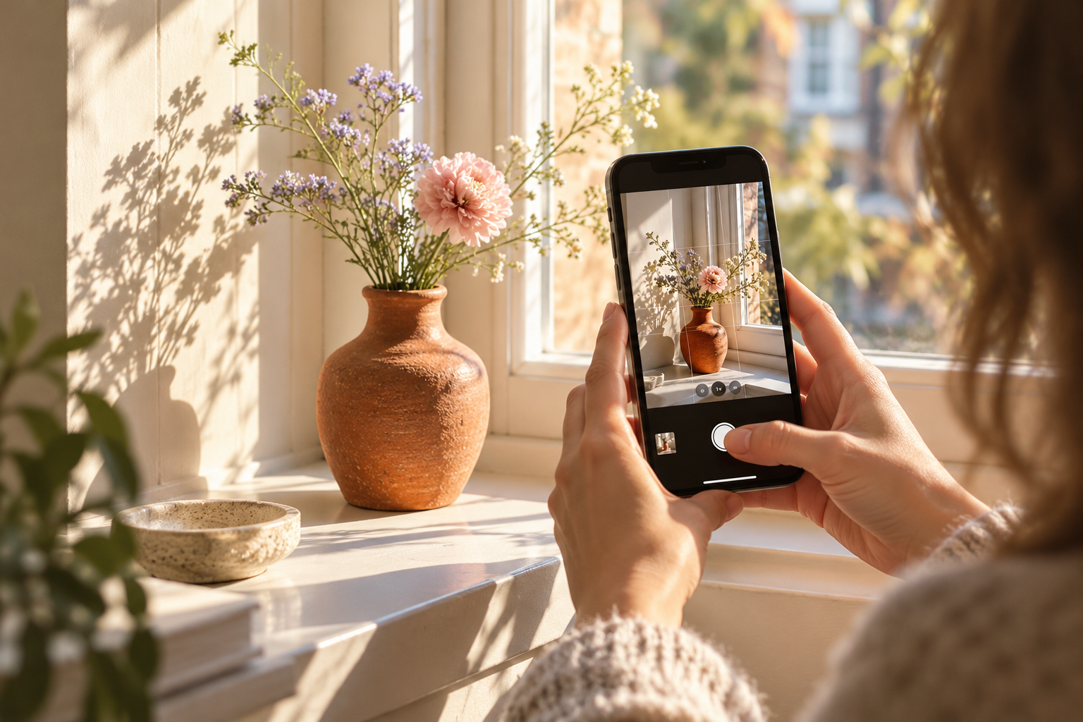 Bloemen fotograferen met een smartphone bij een zonnig raam